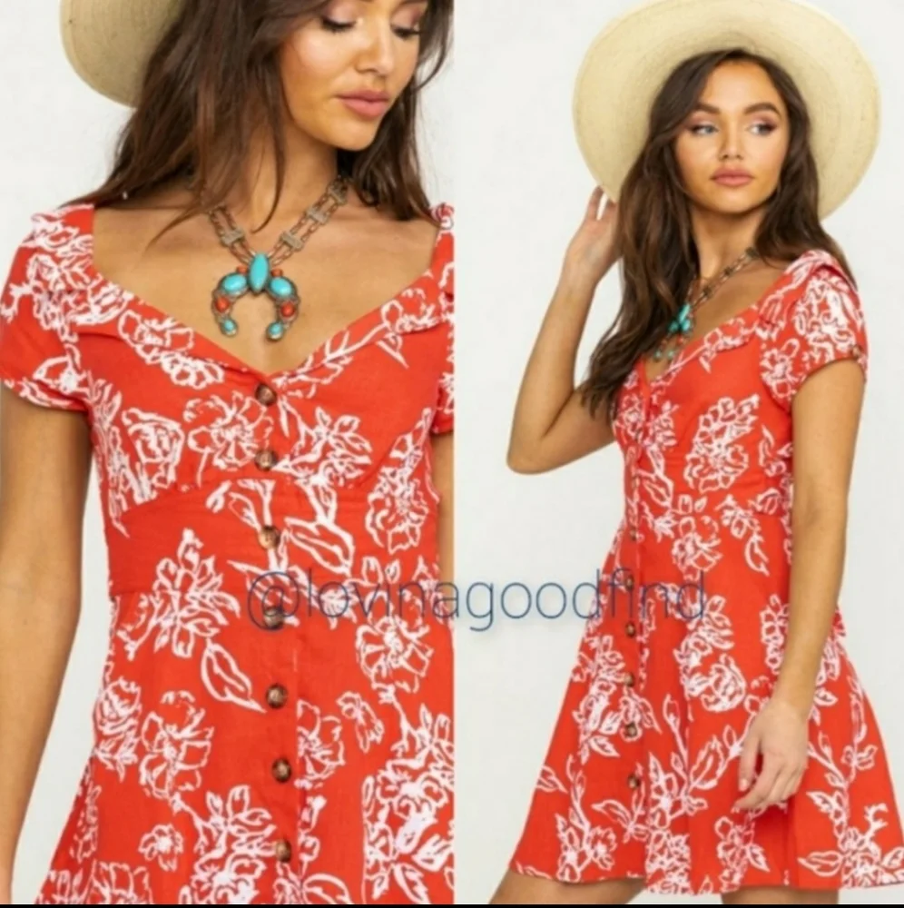 FREE PEOPLE A Thing Called Love Mini Linen Red Floral Dress NWT sz 12